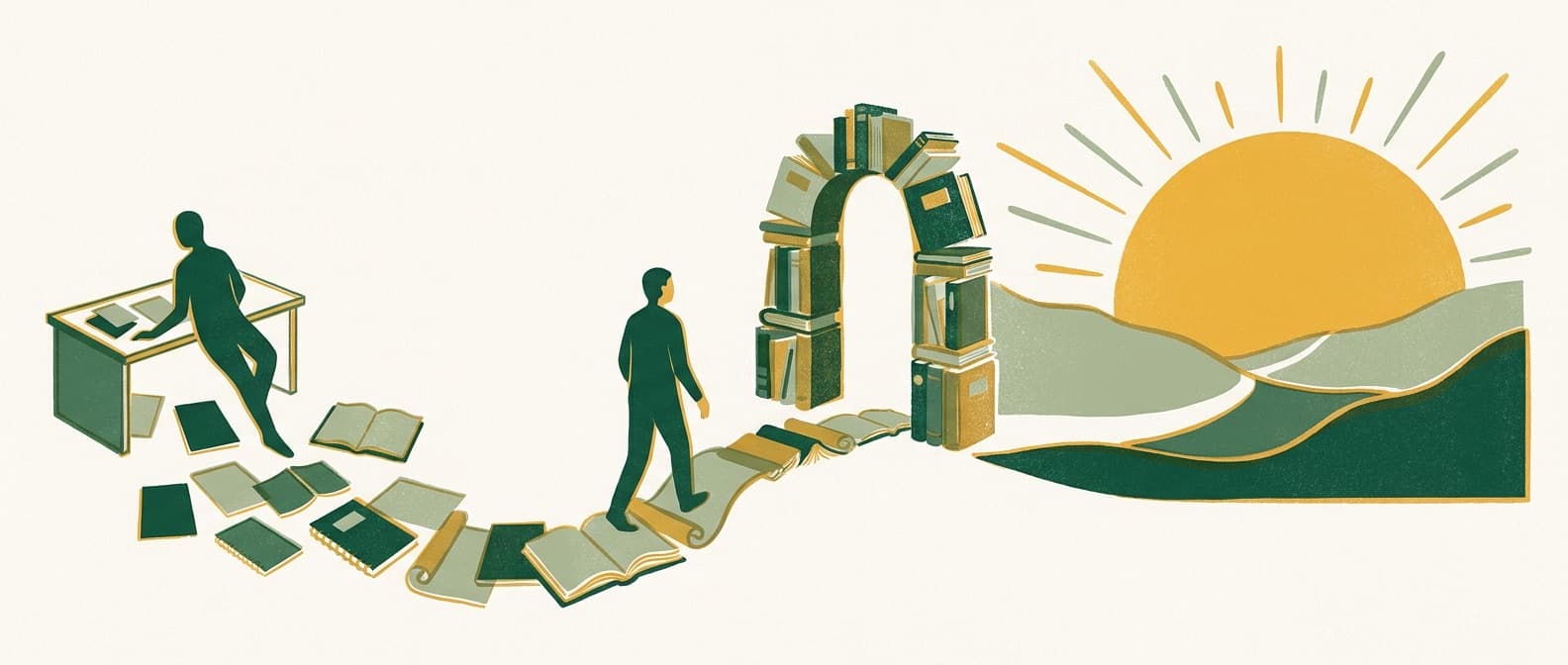 Illustration of a person walking a path of open books, through an archway of stacked books, toward a rising golden sun