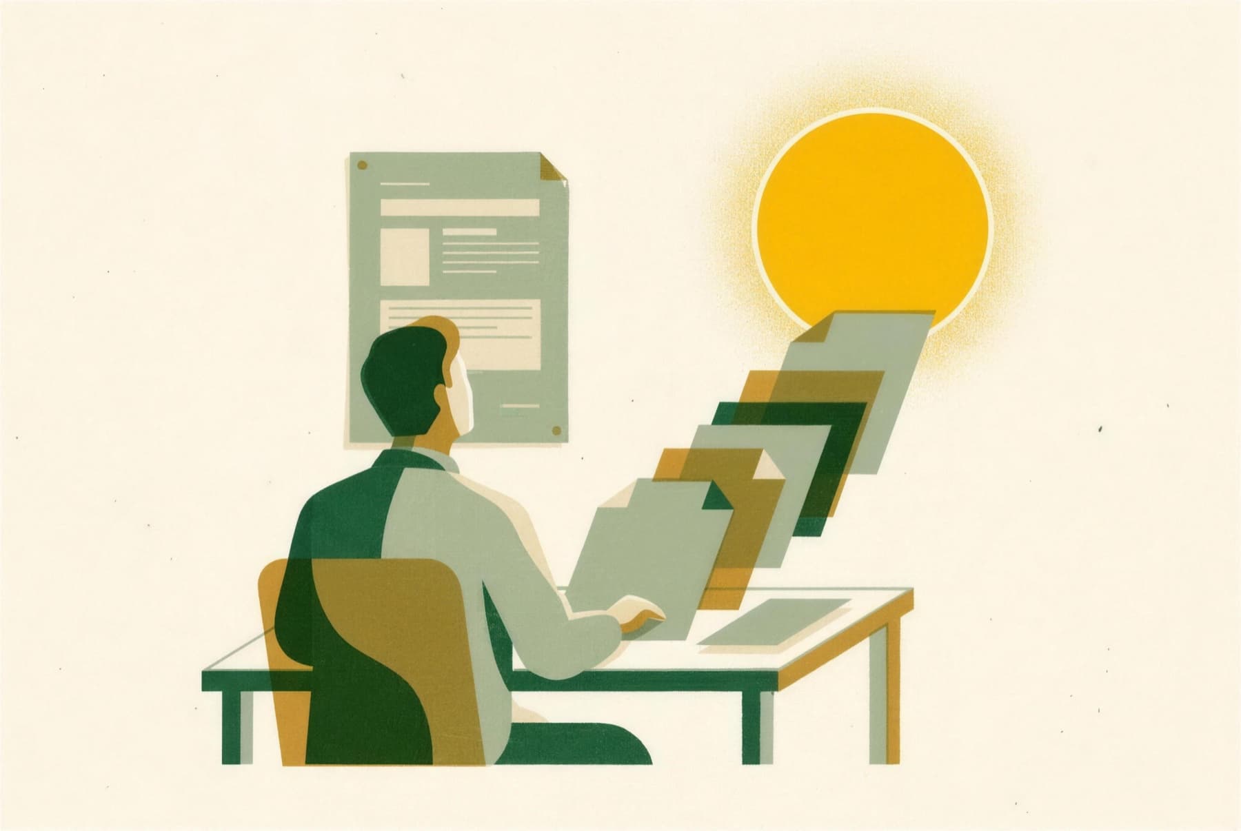 Illustration of a person at a desk studying a job description, papers rising toward a golden sun
