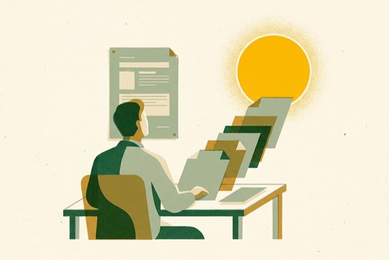 Illustration of a person at a desk studying a job description, papers rising toward a golden sun