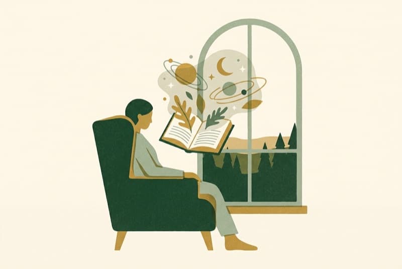 Illustration of a person reading in an armchair by a window, ideas rising from the open book